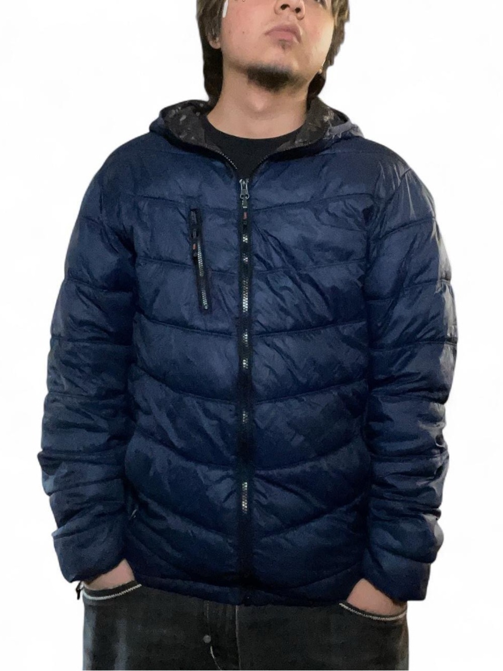 Men's HK Heat‎ Navy Blue Quilted Puffer Jacket with Hood